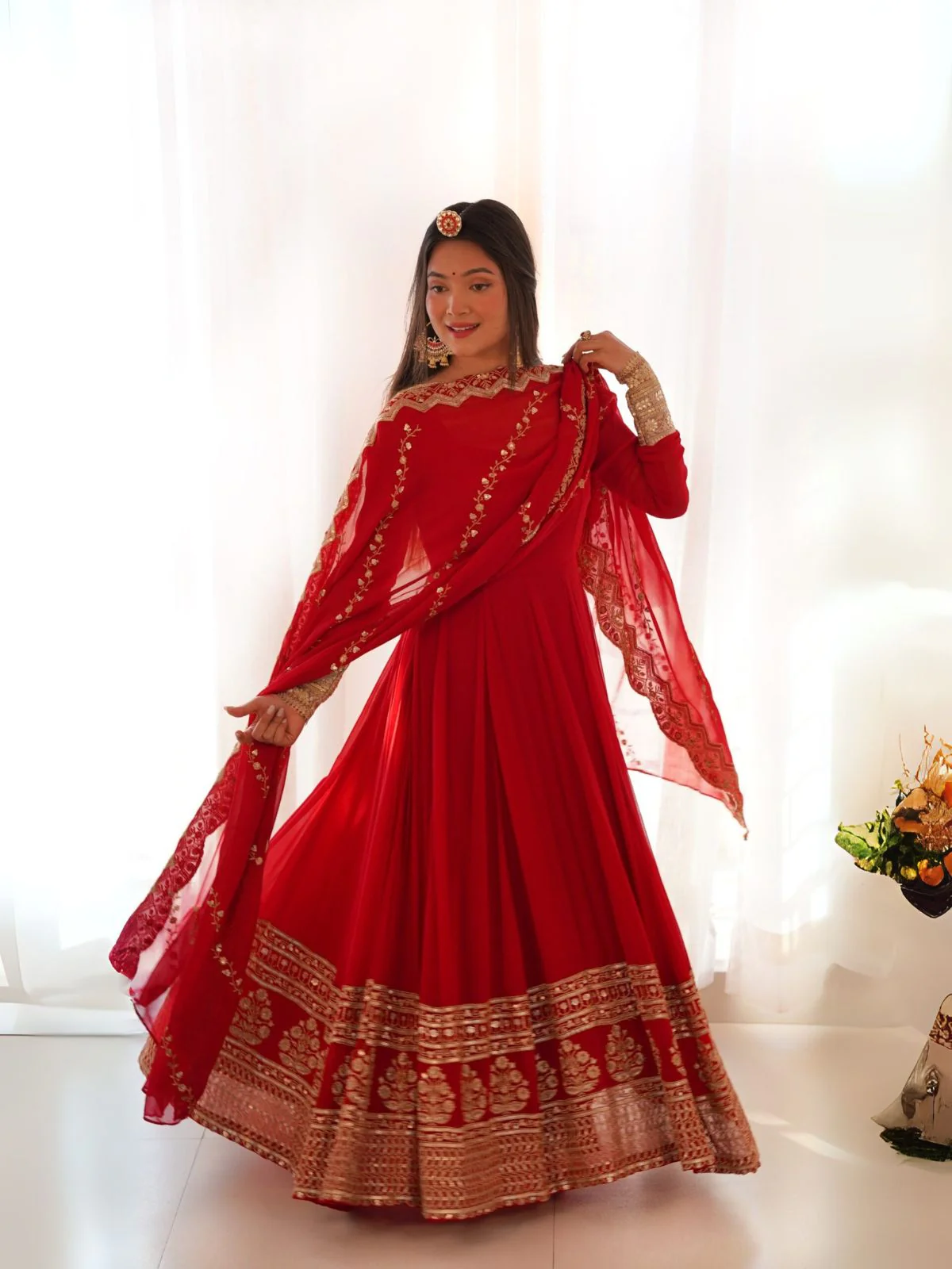 Odette Red Georgette Embroidered Stitched Gown For women - Image 3