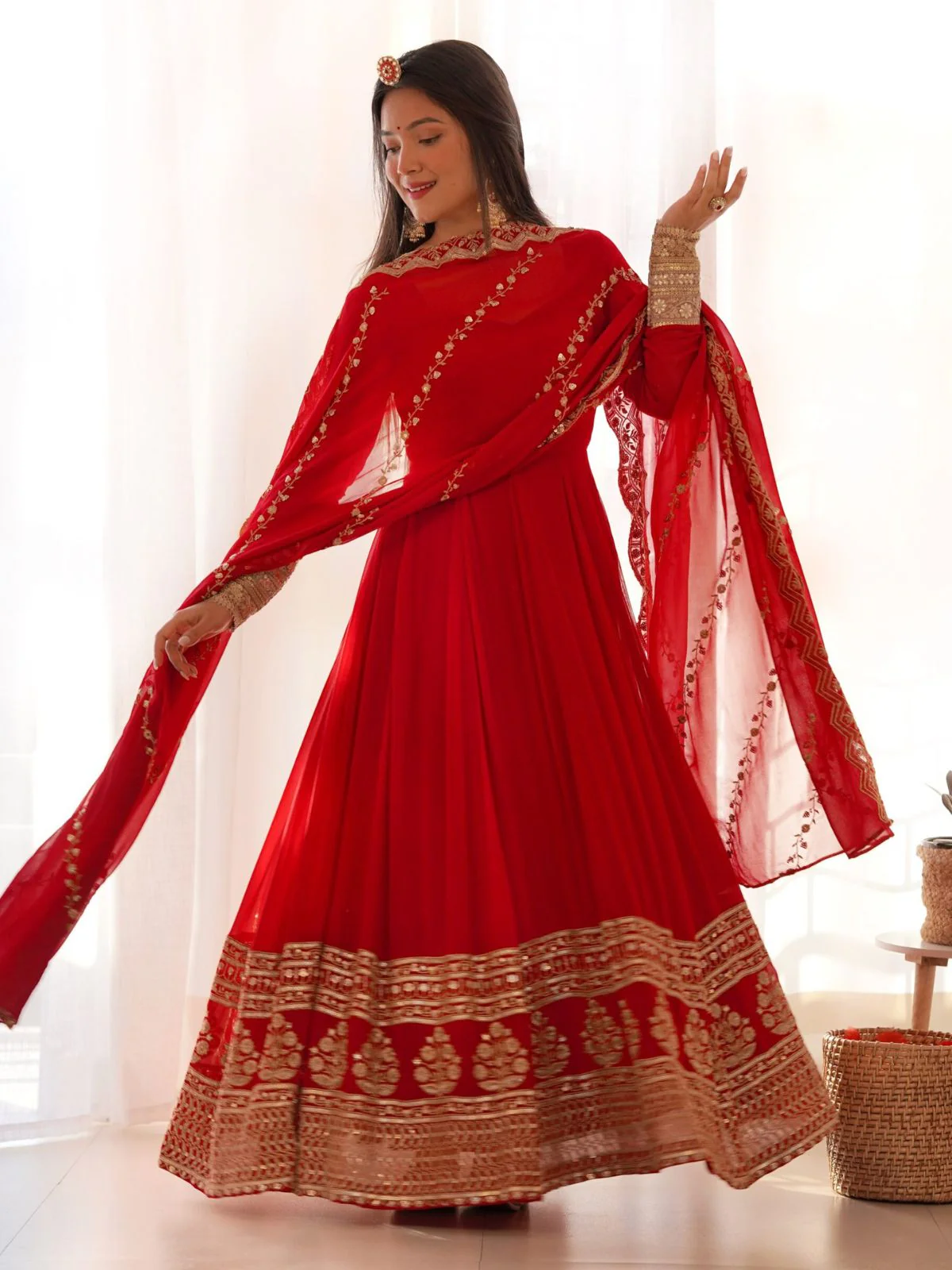 Odette Red Georgette Embroidered Stitched Gown For women - Image 4