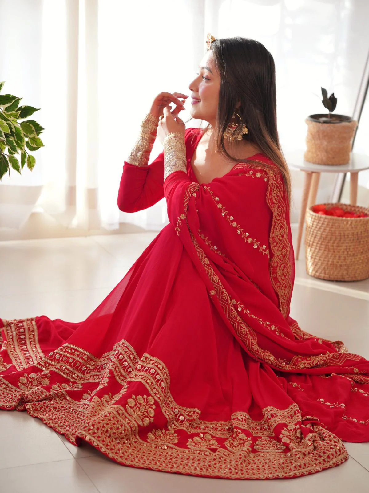 Odette Red Georgette Embroidered Stitched Gown For women - Image 5