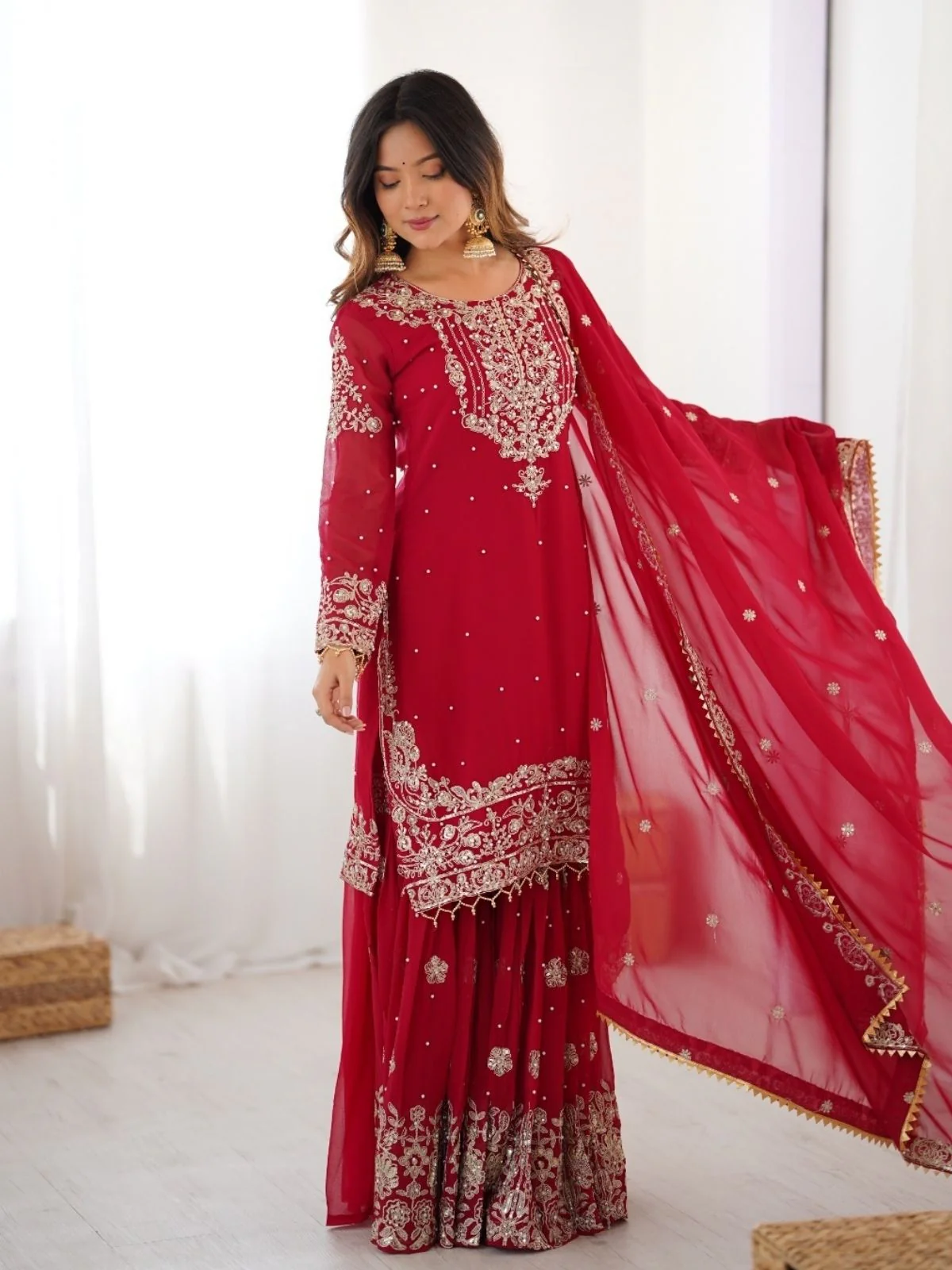 Odette Red Georgette Embroidered Stitched Kurta Set For Women - Image 2
