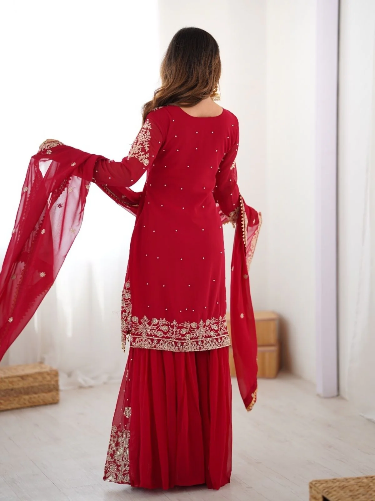 Odette Red Georgette Embroidered Stitched Kurta Set For Women - Image 4
