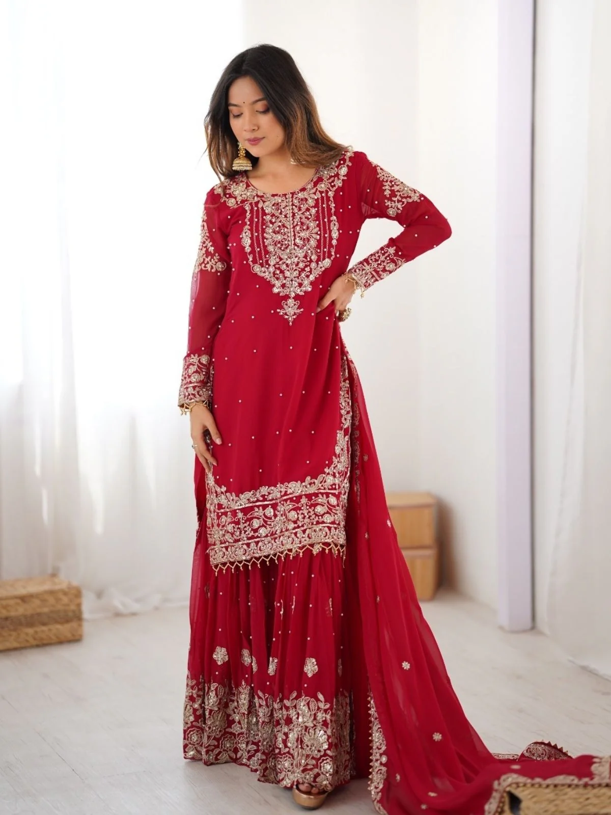Odette Red Georgette Embroidered Stitched Kurta Set For Women - Image 5