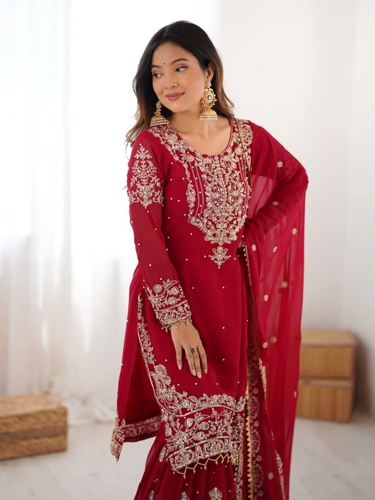 Odette Red Georgette Embroidered Stitched Kurta Set For Women - Image 6