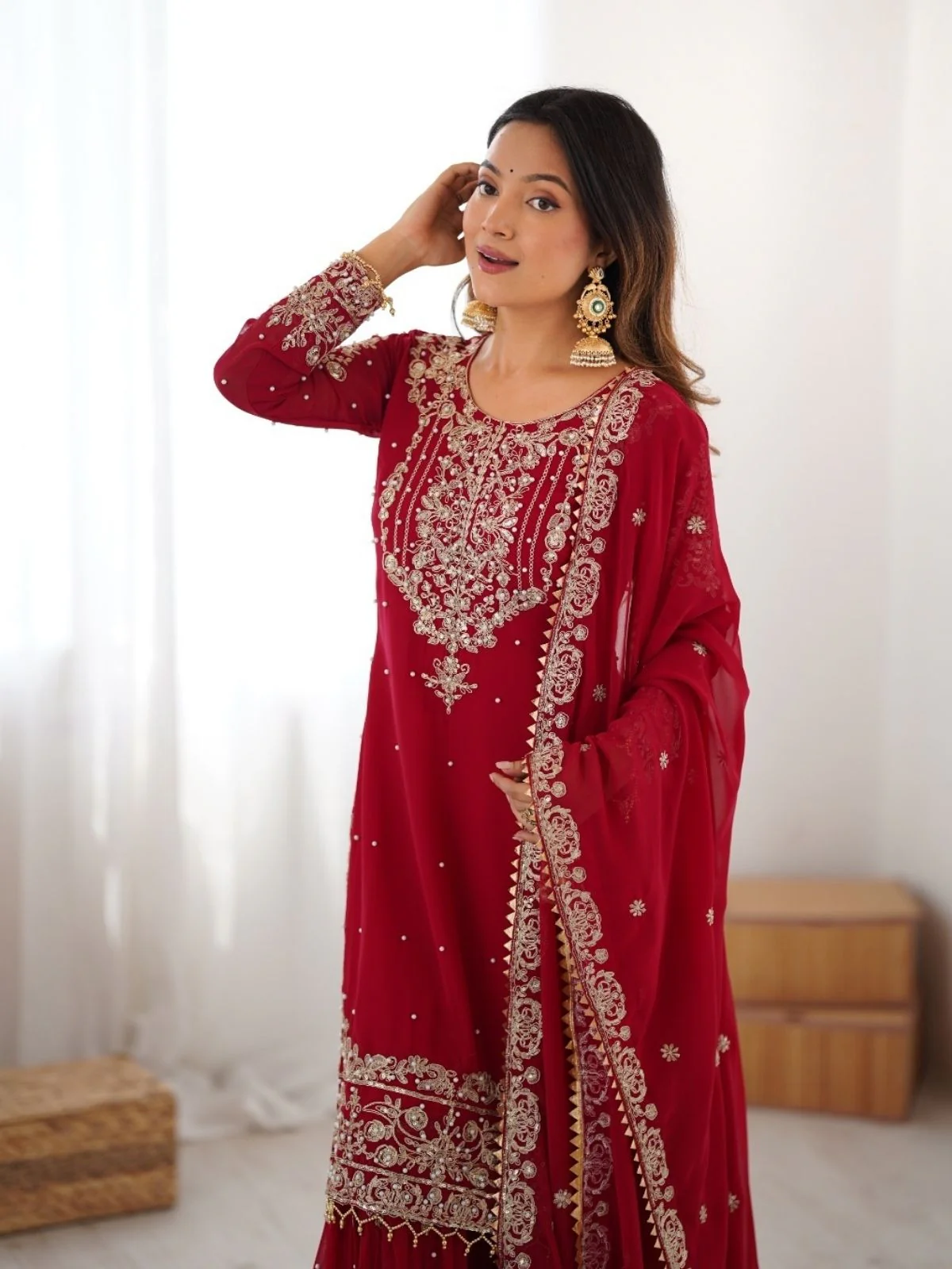 Odette Red Georgette Embroidered Stitched Kurta Set For Women - Image 7