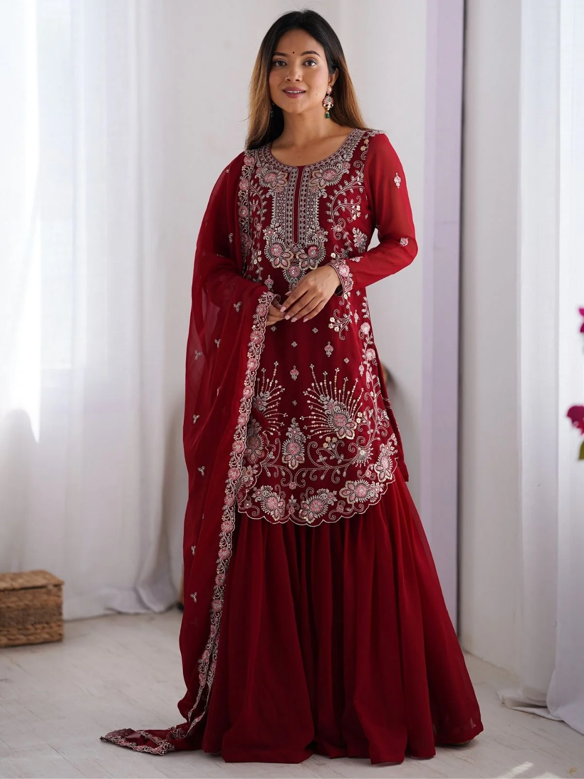 Odette Red Georgette Embroidered Stitched Kurta Set For Women