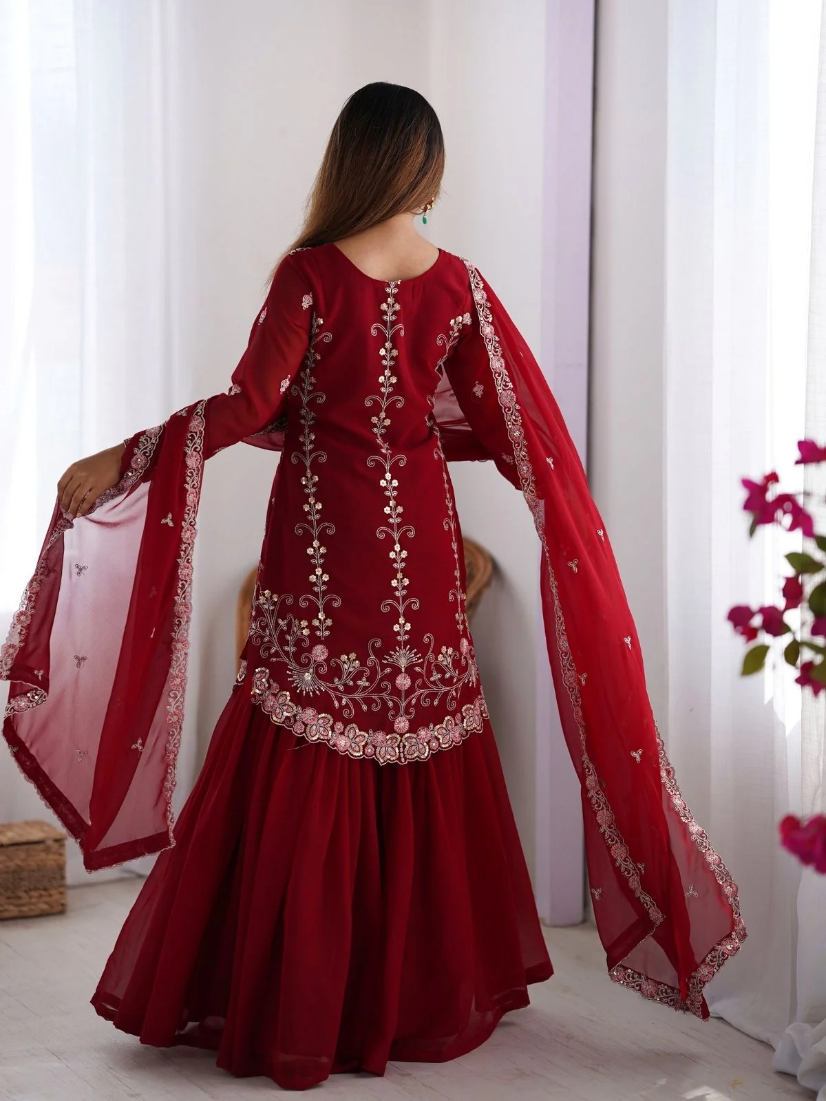 Odette Red Georgette Embroidered Stitched Kurta Set For Women - Image 2