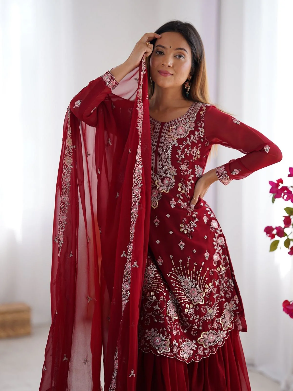 Odette Red Georgette Embroidered Stitched Kurta Set For Women - Image 3