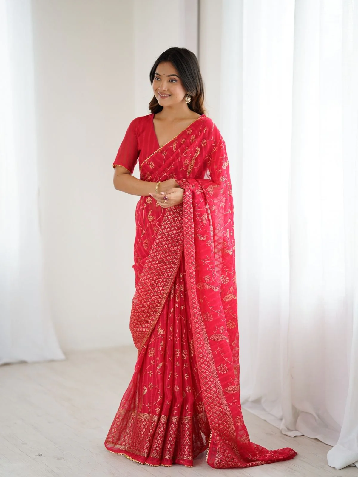 Odette Red Georgette Peacock Motifs Saree For Women