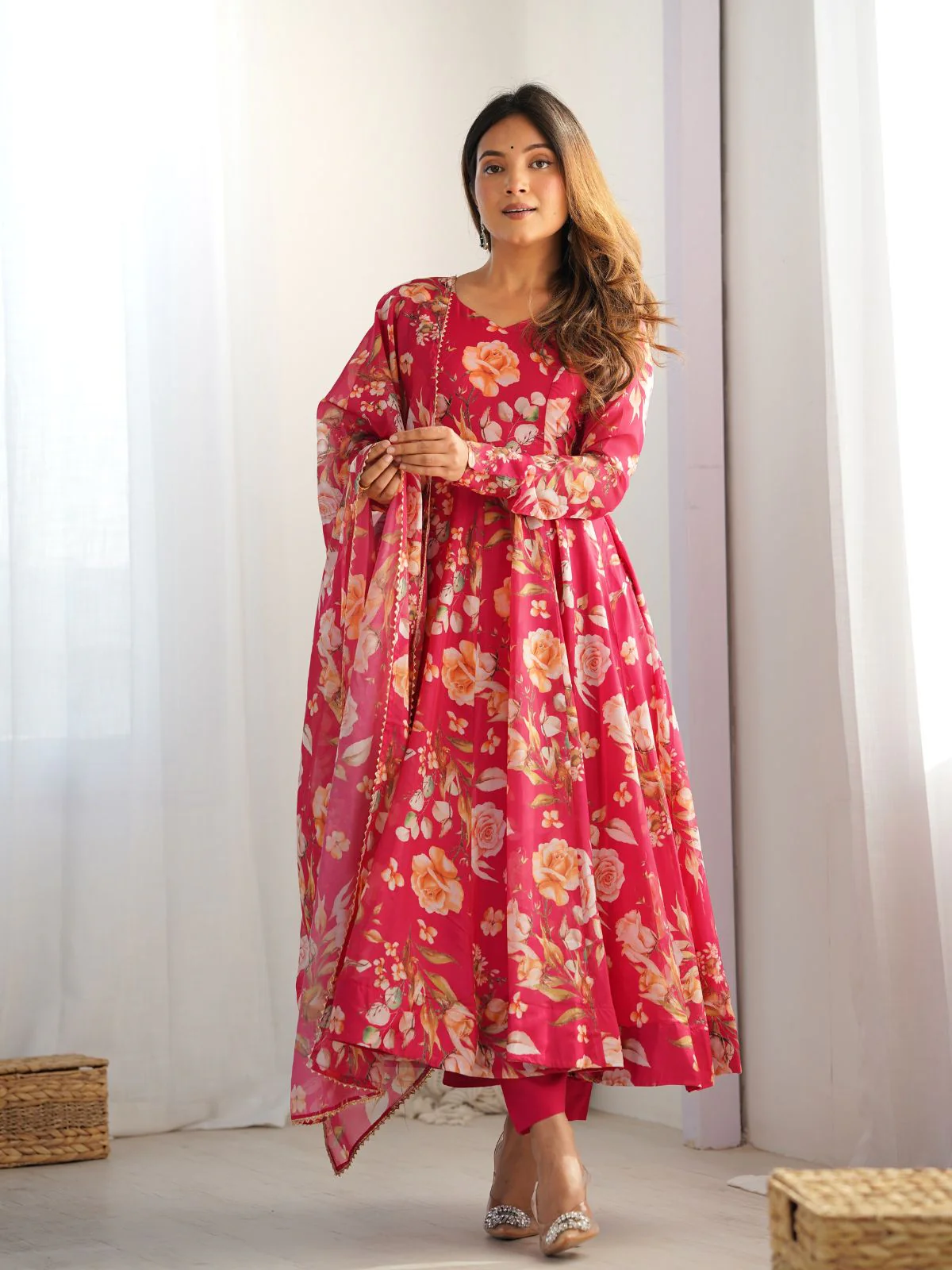 Odette Red Georgette Printed Kurta Set For Women