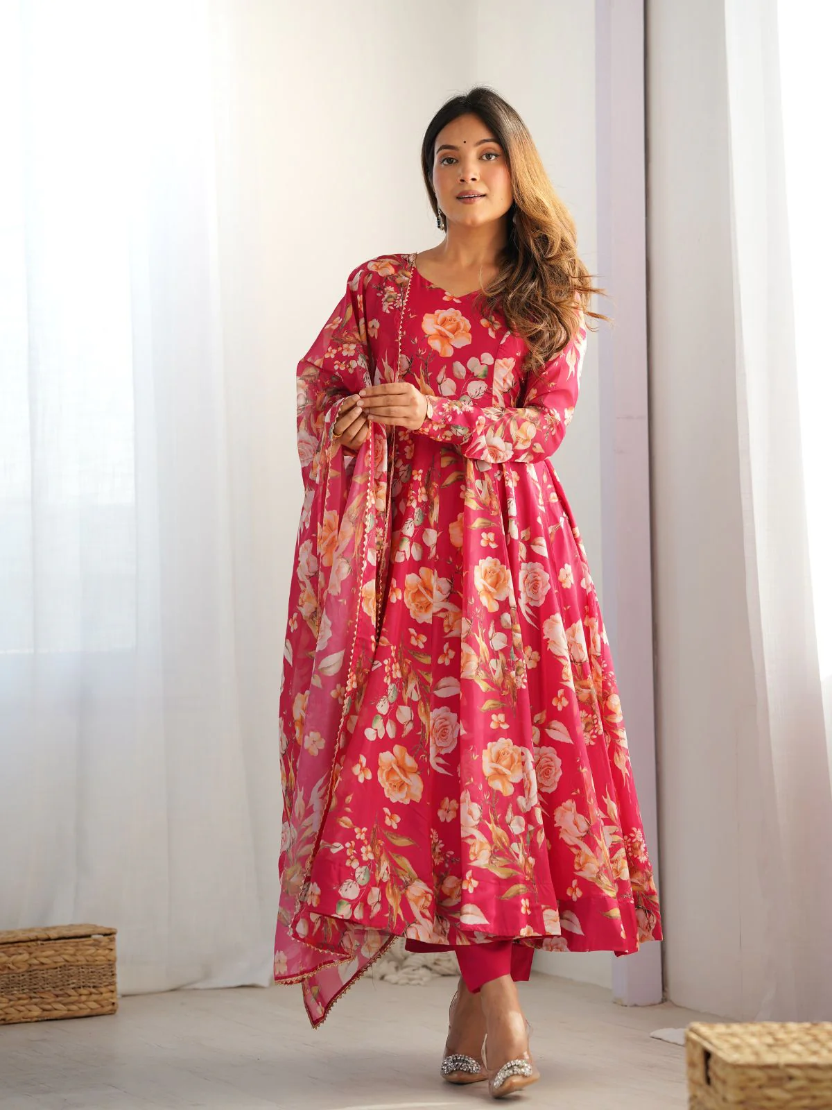 Odette Red Georgette Printed Kurta Set For Women - Image 3