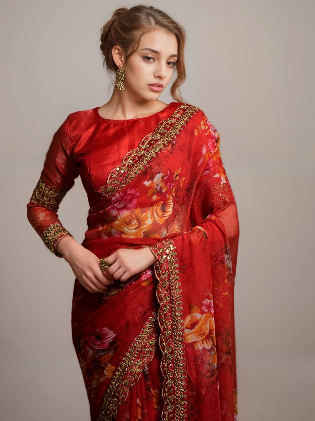 Odette Red Georgette Printed Saree For Women - Image 2