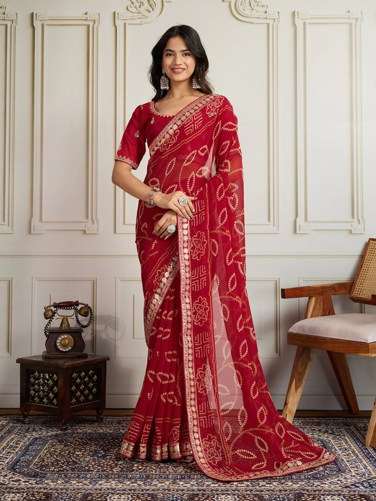 Odette Red Georgette Printed Saree For Women