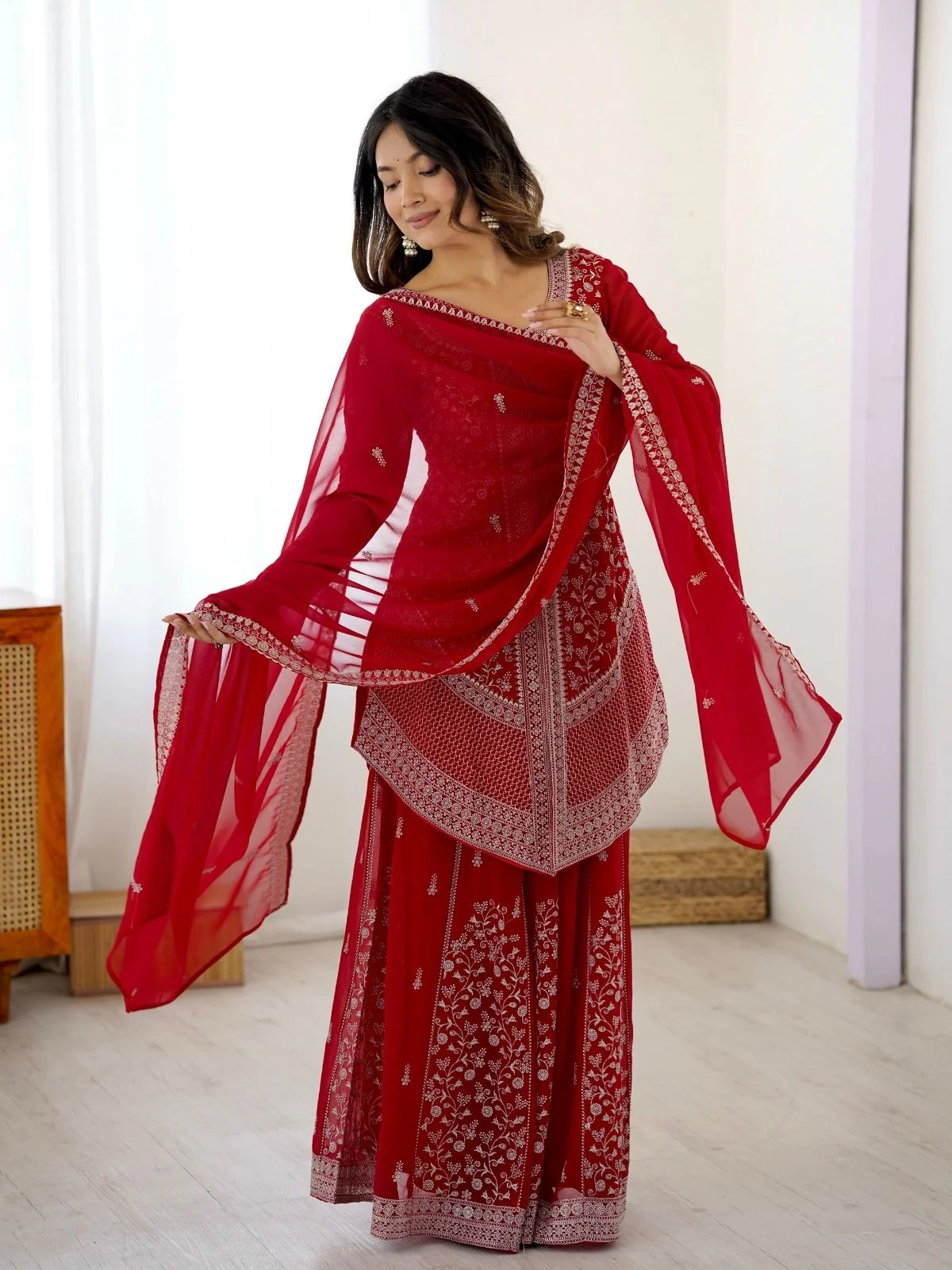 Odette Red Georgette Sequins Embroidered Stitched Kurta Set For Women - Image 2