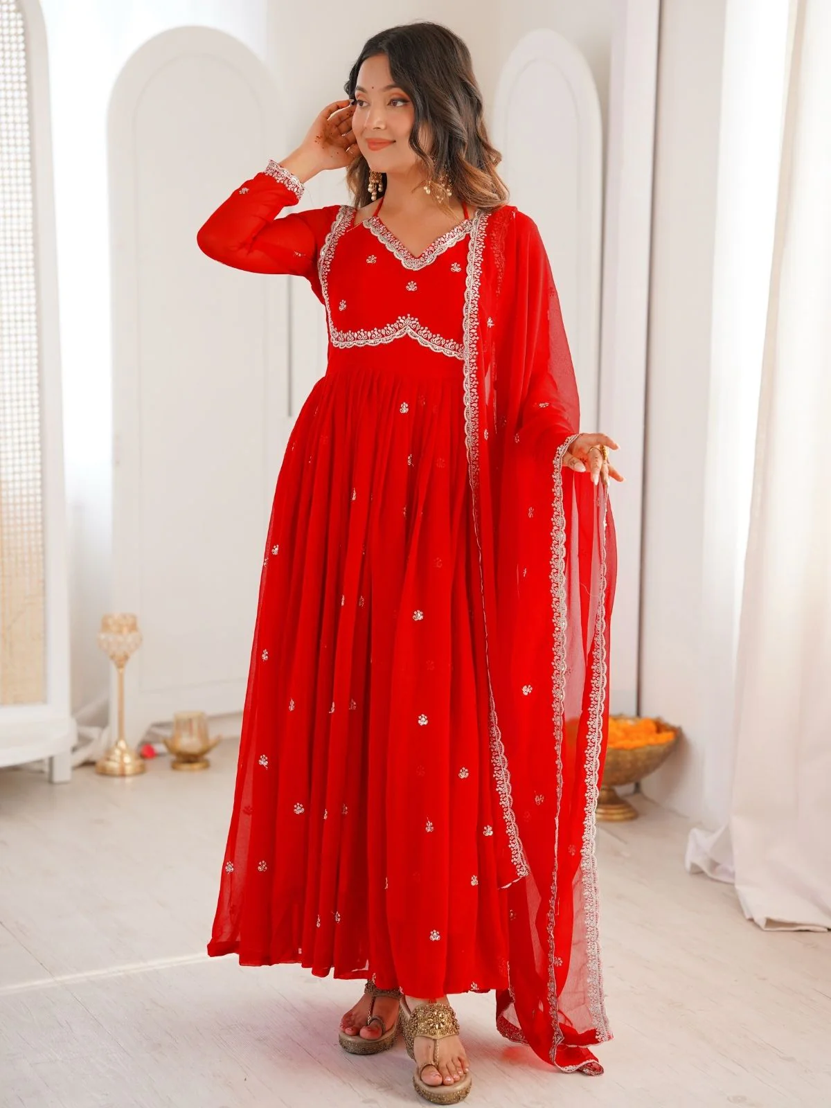 Odette Red Georgette Sequins Embroidered Stitched Kurta Set For Women - Image 4
