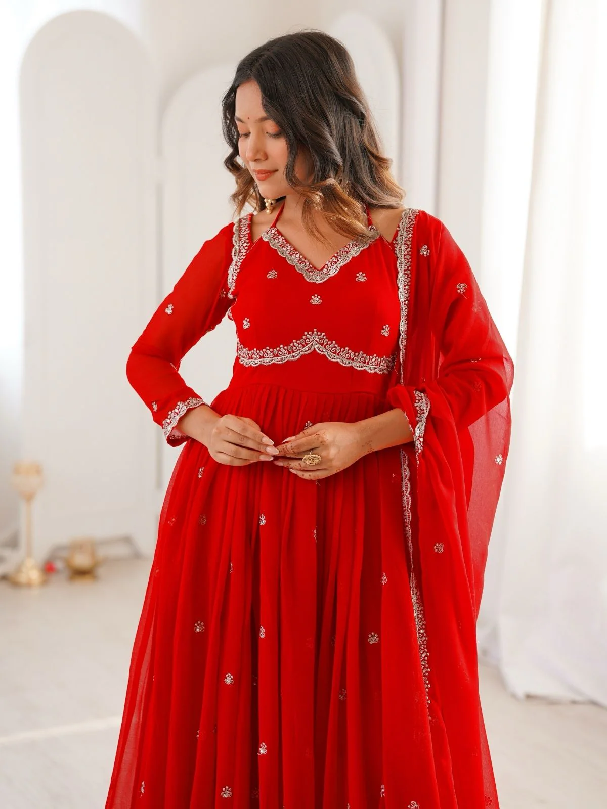 Odette Red Georgette Sequins Embroidered Stitched Kurta Set For Women - Image 6