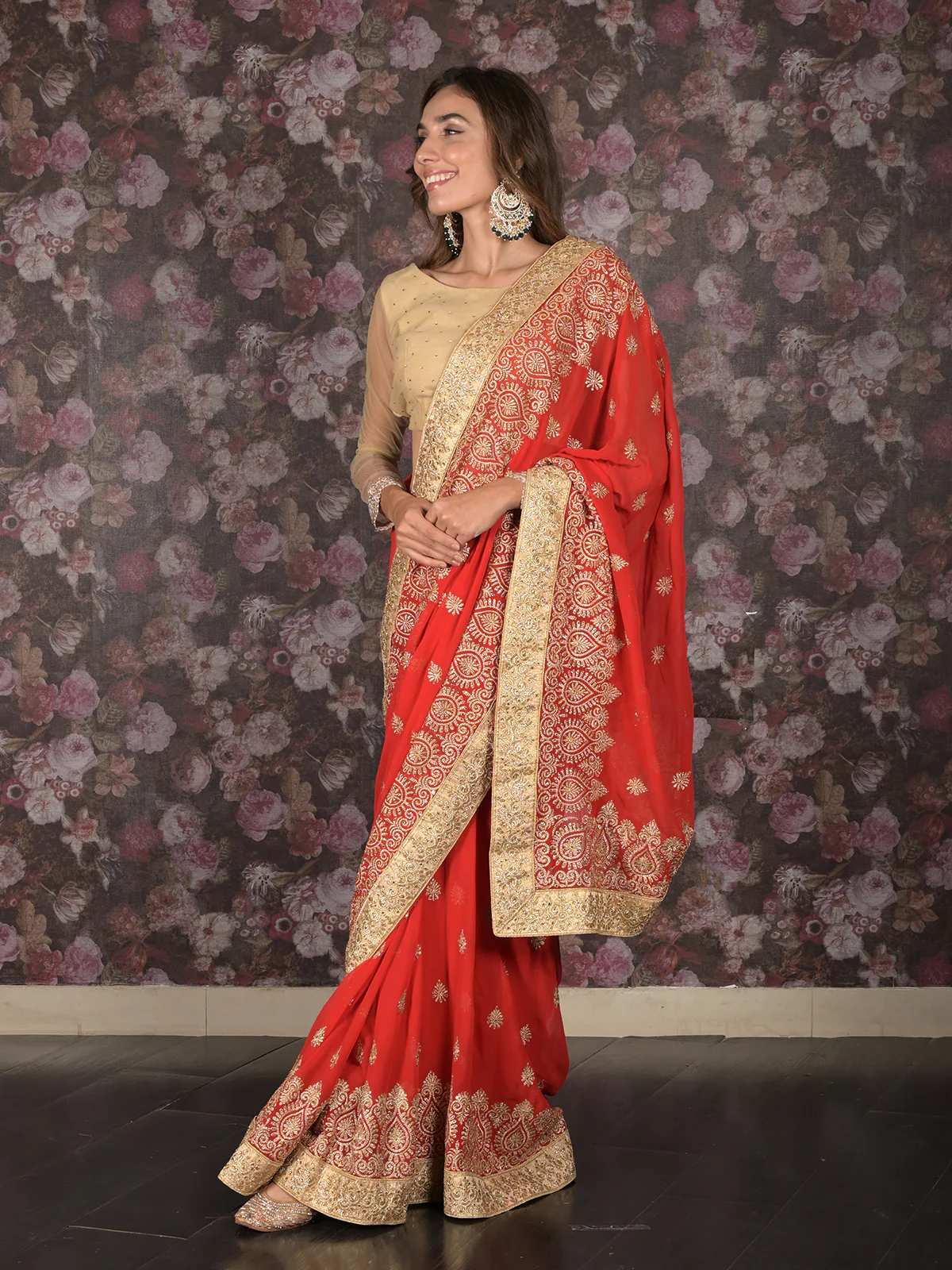 Odette Red Gold Zari Embroidered Georgette Saree with Unstitched Blouse for Women - Image 3