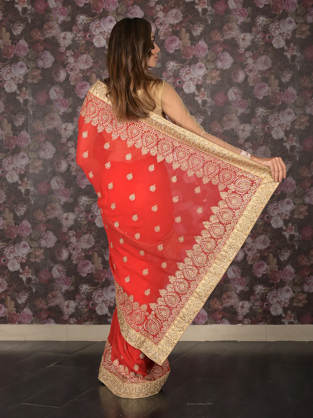 Odette Red Gold Zari Embroidered Georgette Saree with Unstitched Blouse for Women - Image 4