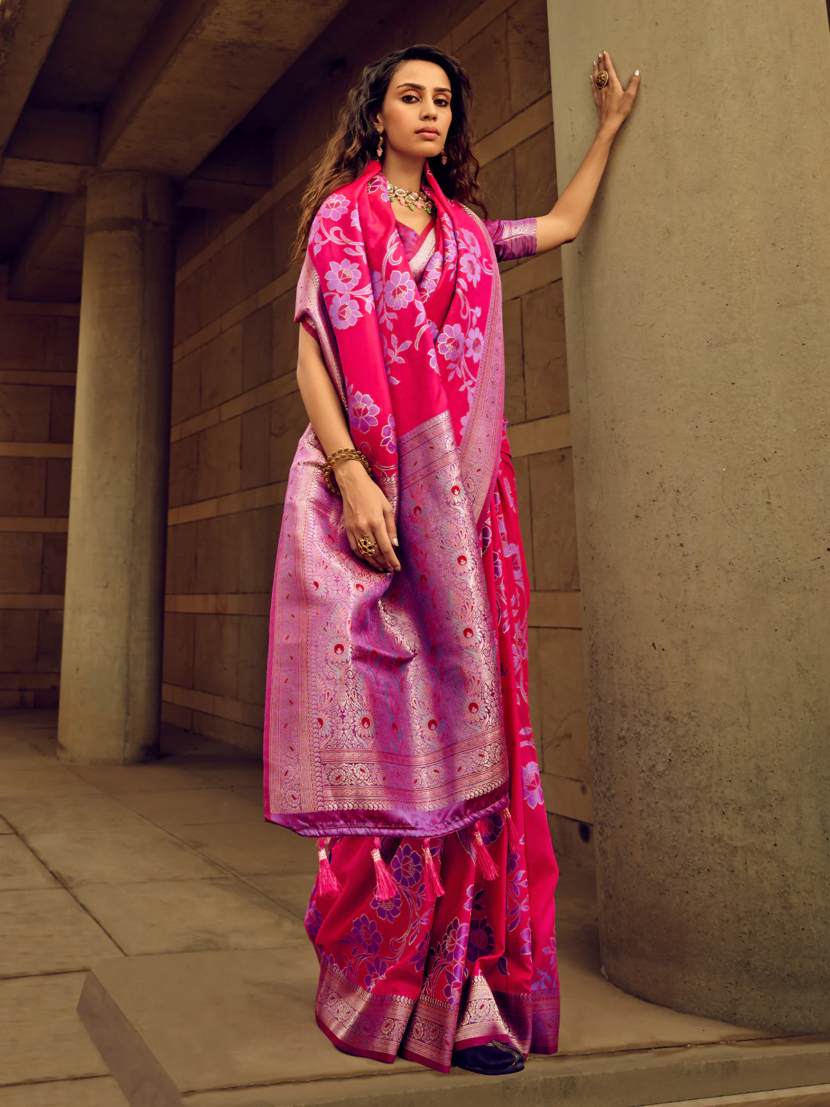 Odette Magenta Handloom Woven Satin Saree For Women - Image 2