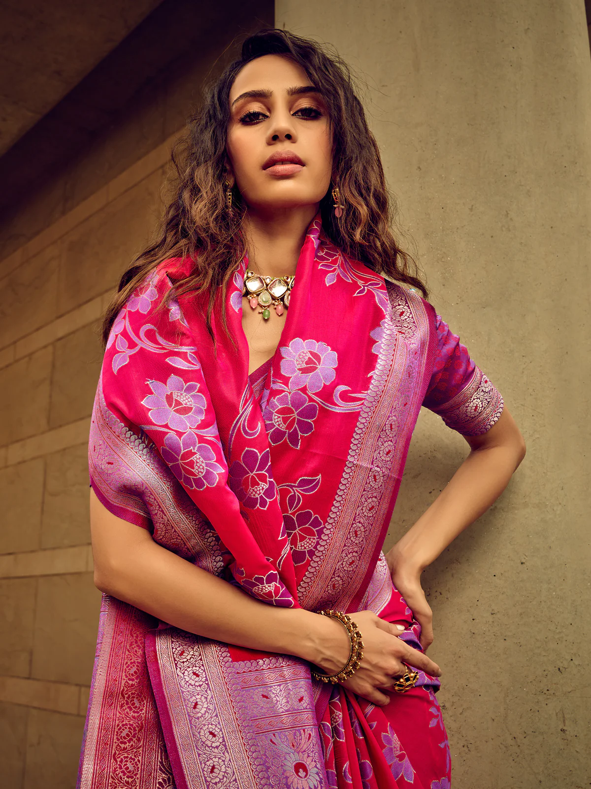 Odette Magenta Handloom Woven Satin Saree For Women - Image 4