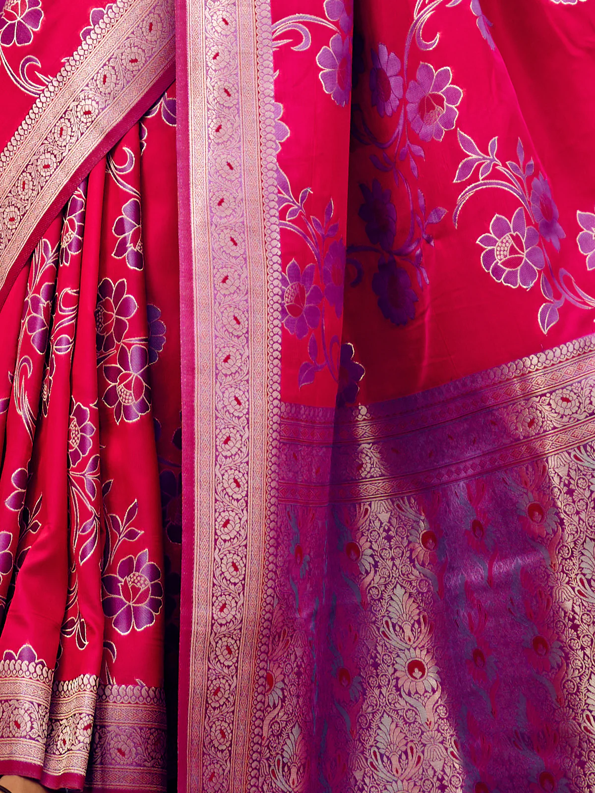 Odette Magenta Handloom Woven Satin Saree For Women - Image 5
