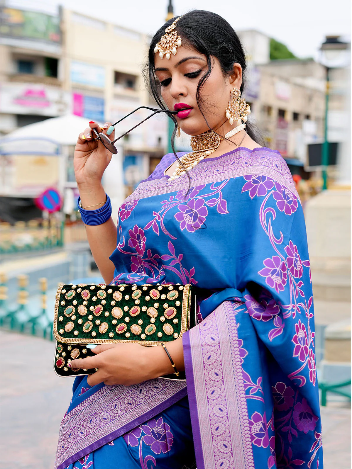 Odette Dark Blue Handloom Woven Satin Saree For Women - Image 5