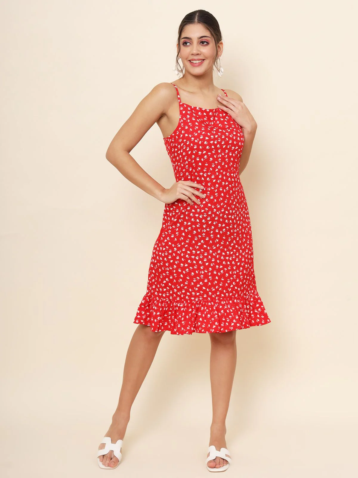 Odette Red Heavy Crepe Printed Stitched Dress For Women - Image 2