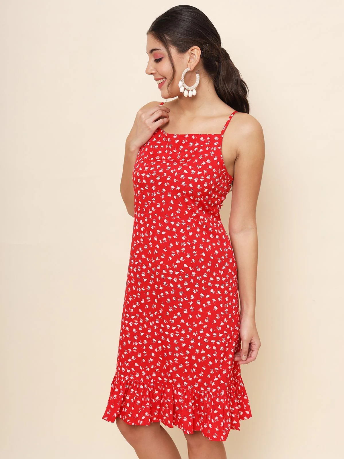 Odette Red Heavy Crepe Printed Stitched Dress For Women - Image 5
