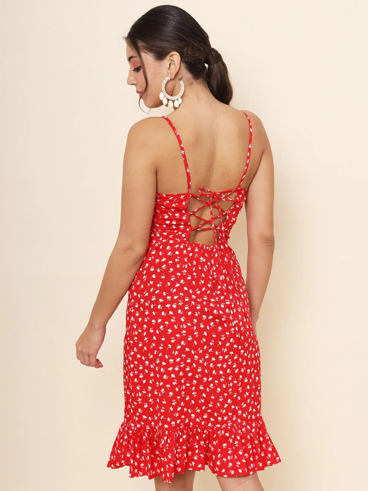 Odette Red Heavy Crepe Printed Stitched Dress For Women - Image 6