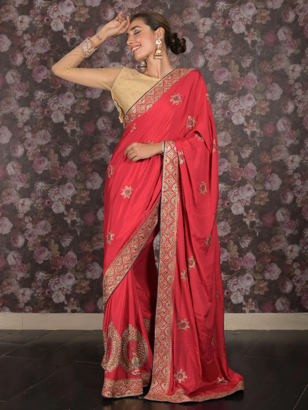 Odette Red Heavy Embroidered Crepe Saree with Unstitched Blouse for Women - Image 2