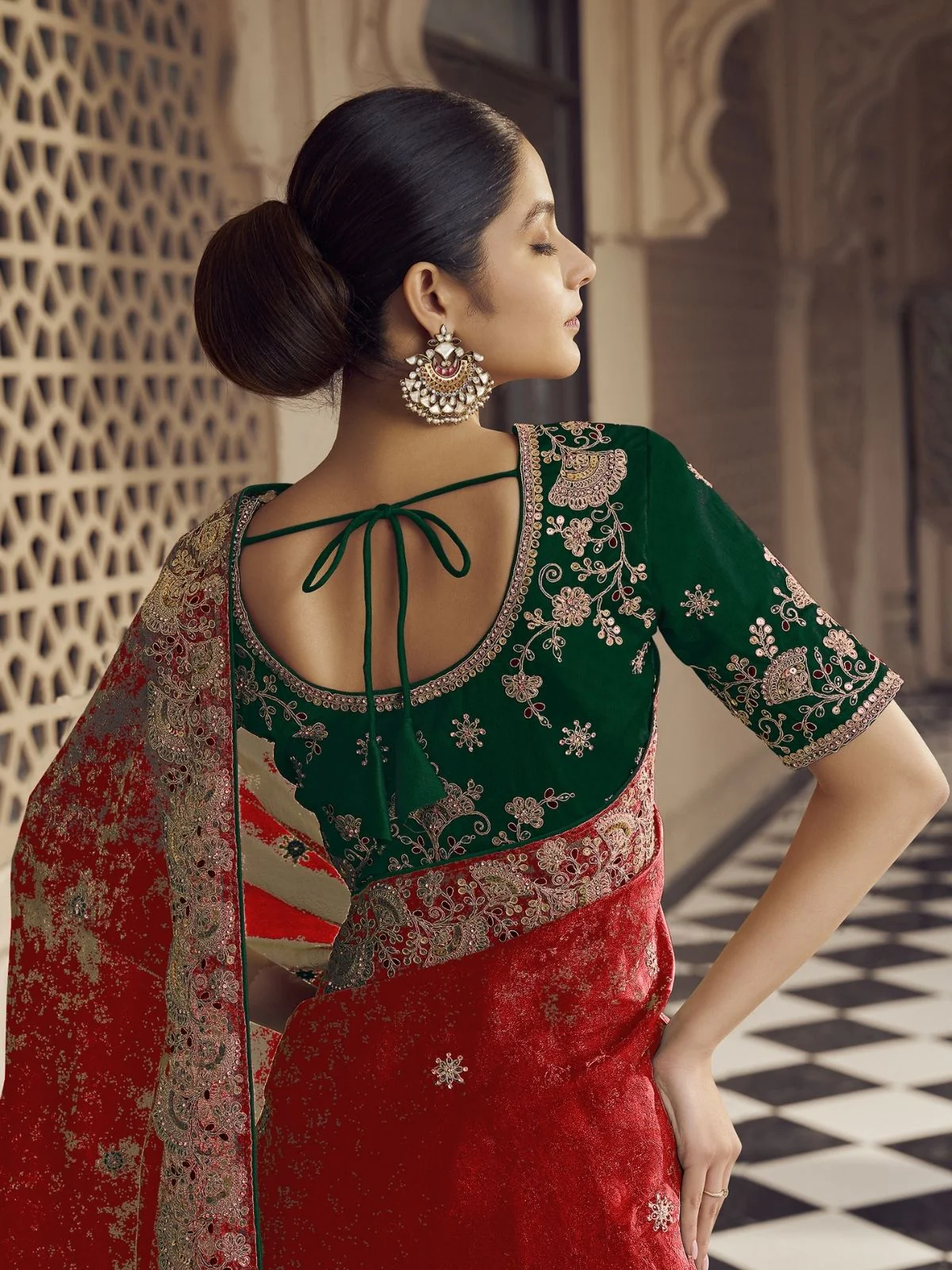 Odette Red Jacquard Embroidered Elegant Saree For Women - Image 3