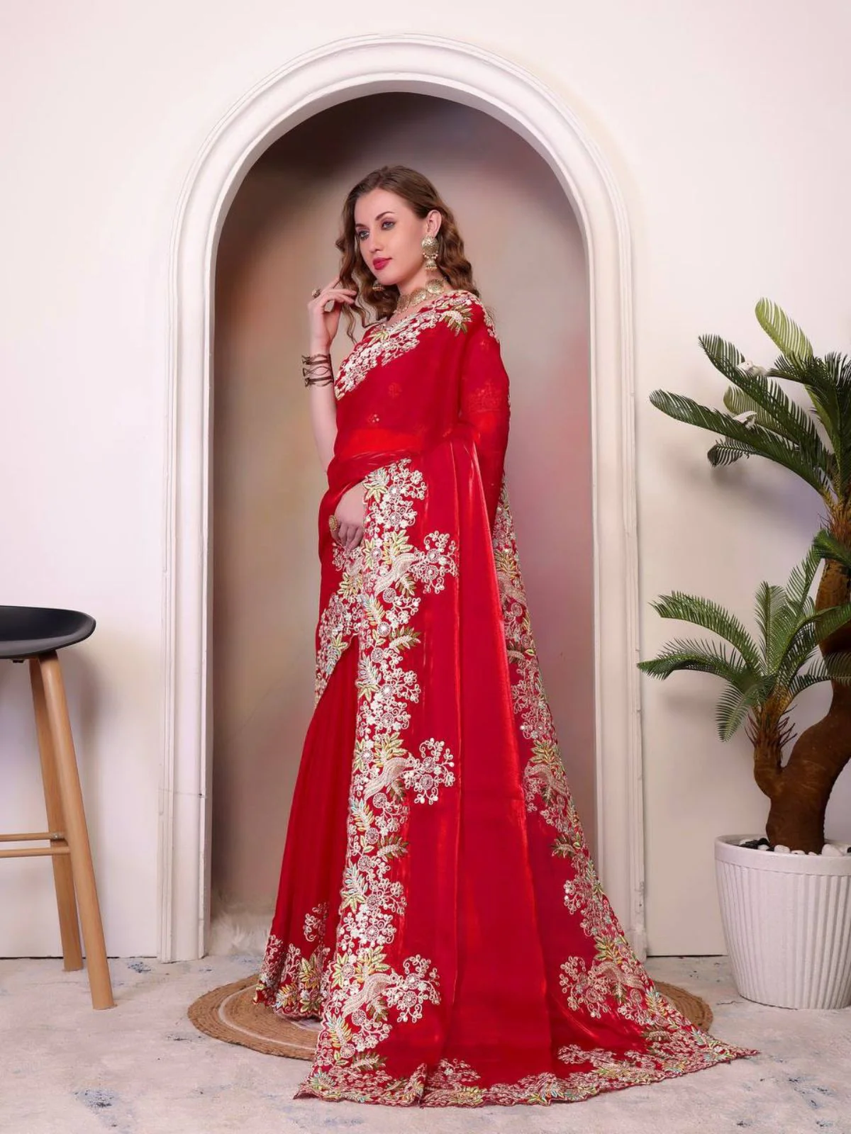 Odette Red Jimmy Choo Embellished Saree For Women - Image 3