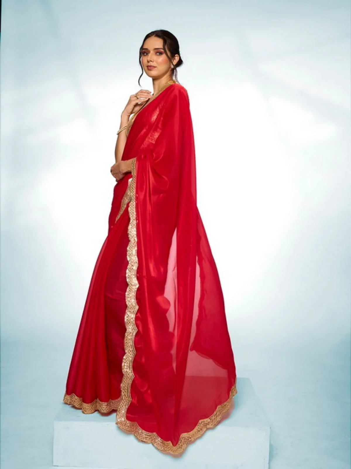Odette Red Jimmy Choo Lace Work Saree With Unstitched Blouse For Women - Image 3