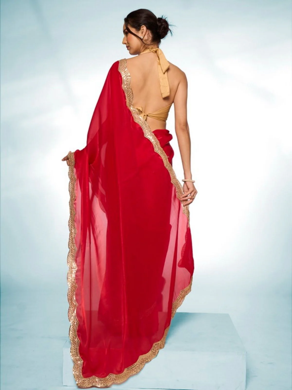 Odette Red Jimmy Choo Lace Work Saree With Unstitched Blouse For Women - Image 5