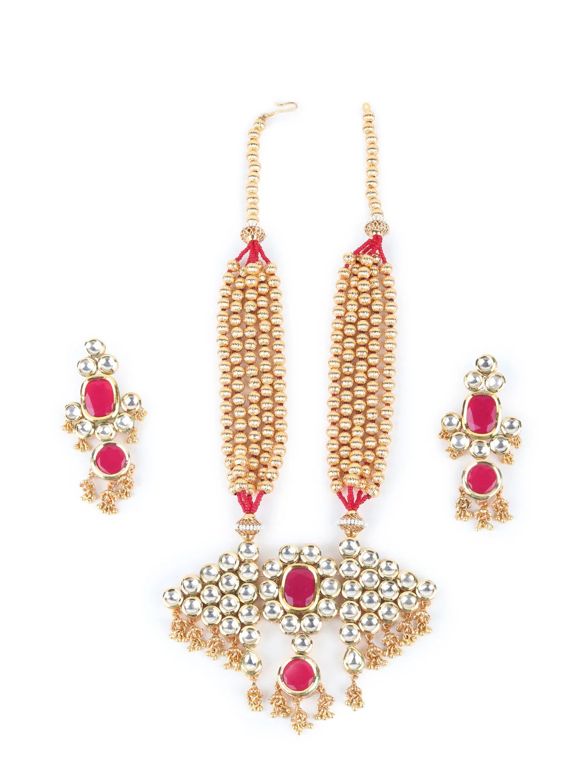 Odette Red Kundan Golden Multilayered Necklace Set For Women - Image 3