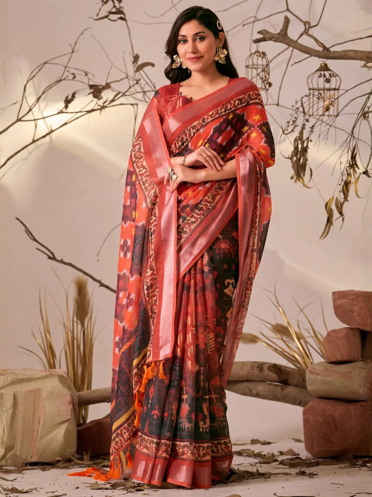 Odette Red Linen Cotton Printed Saree For Women