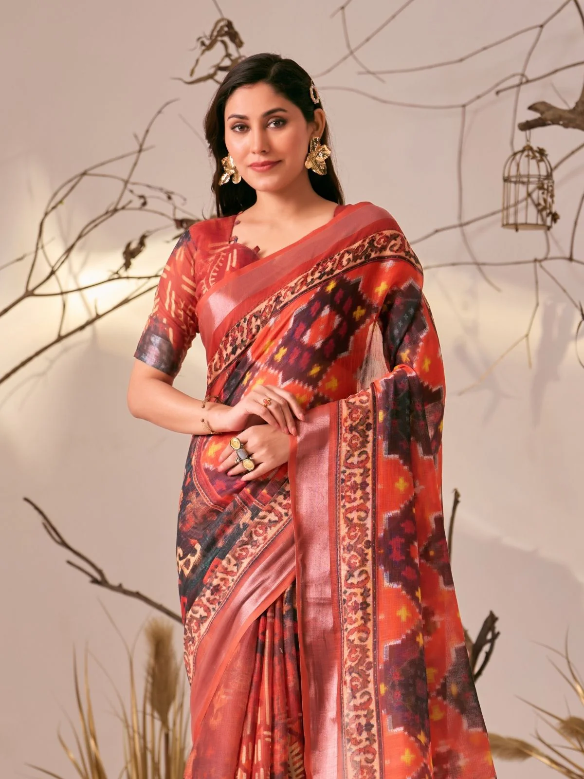 Odette Red Linen Cotton Printed Saree For Women - Image 4
