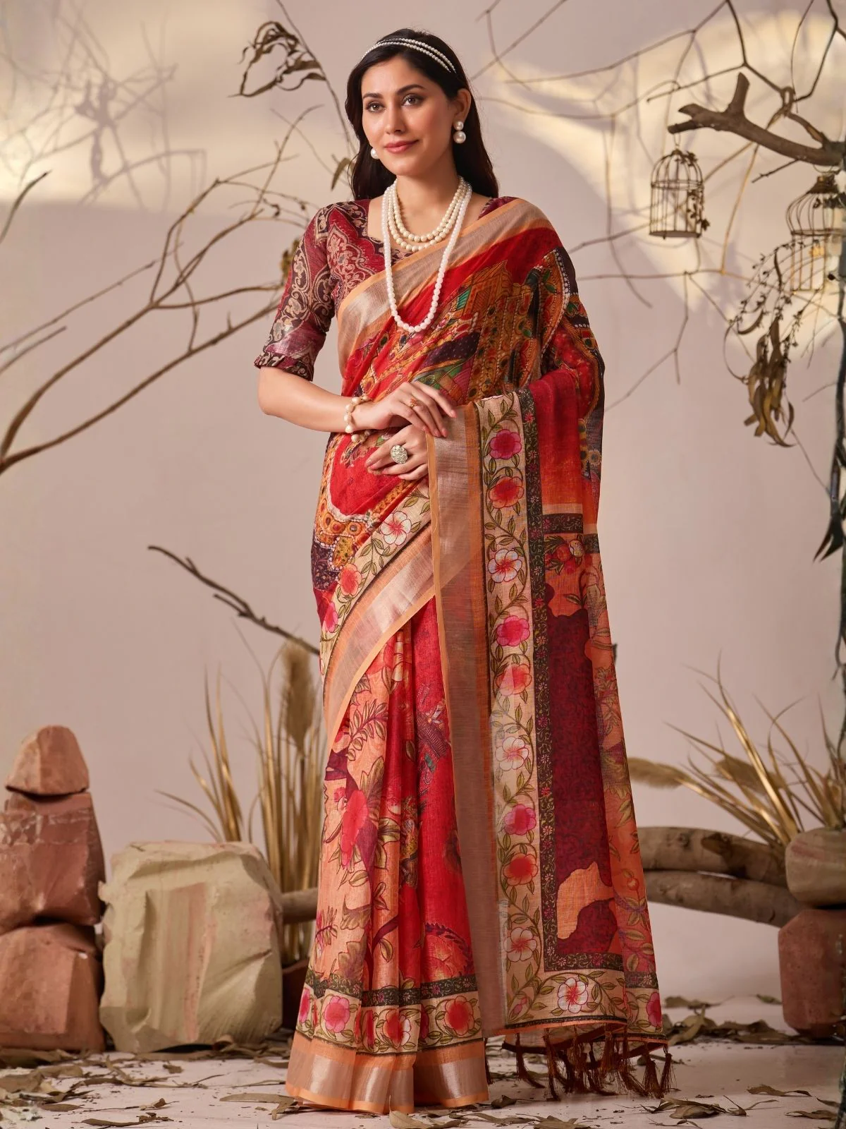 Odette Red Linen Cotton Printed Saree For Women