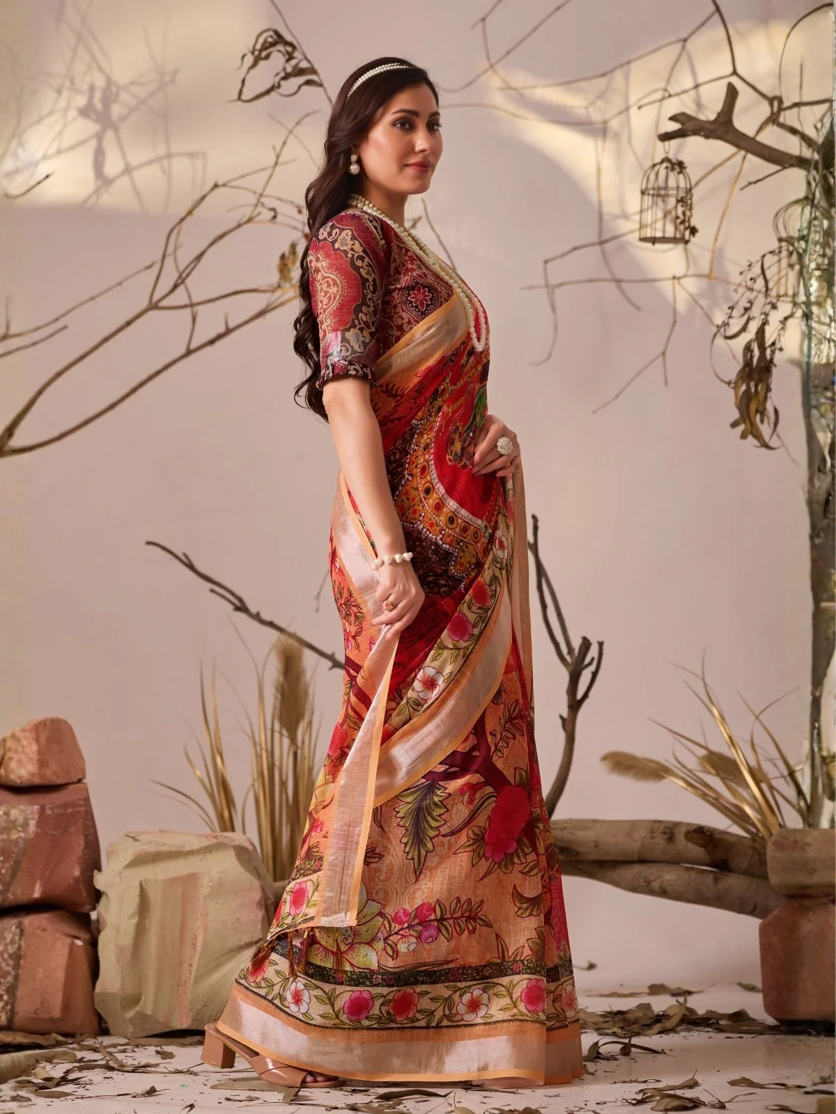 Odette Red Linen Cotton Printed Saree For Women - Image 2