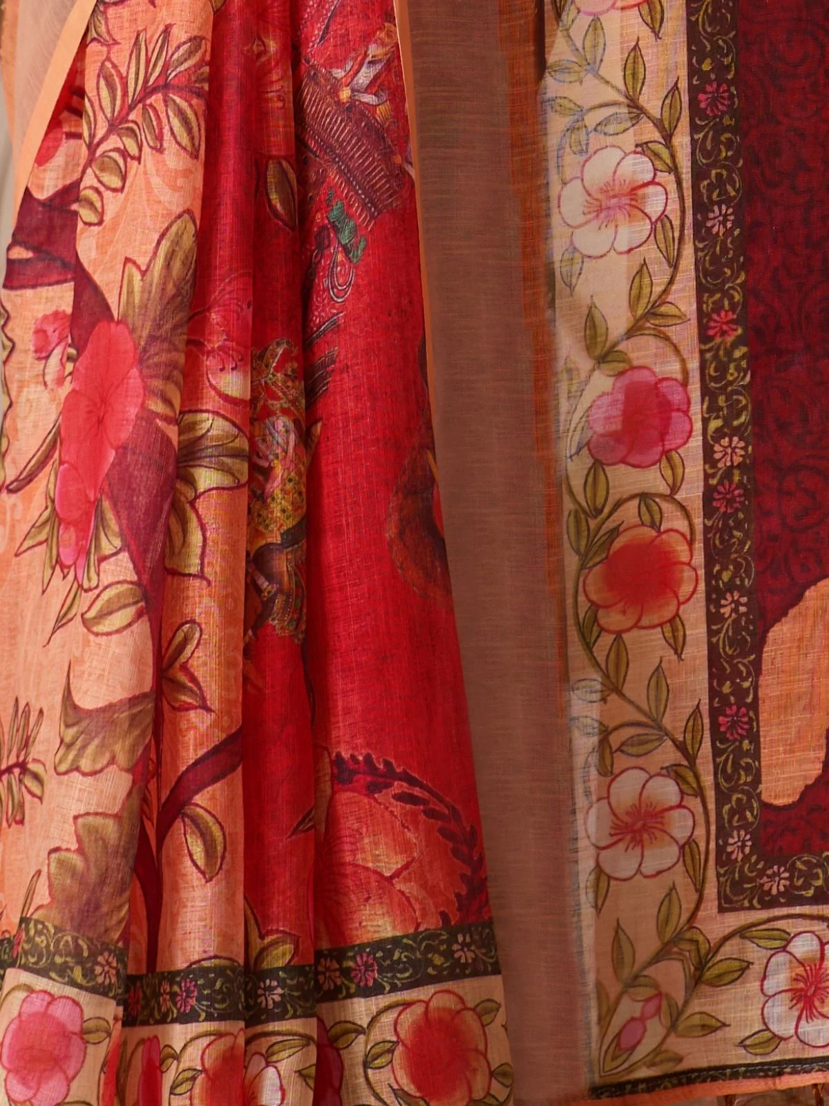 Odette Red Linen Cotton Printed Saree For Women - Image 4