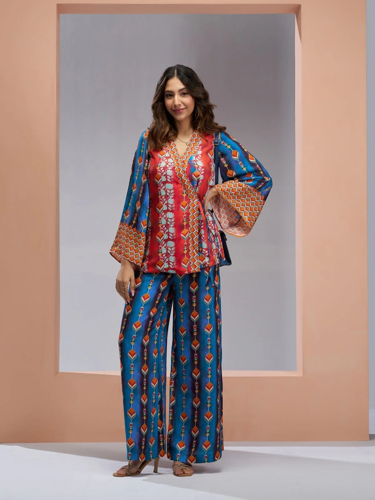 Odette Red And Blue Linen Printed Stitched Co-Ord Set For Women