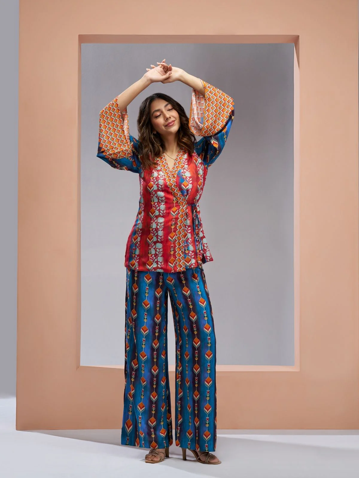 Odette Red And Blue Linen Printed Stitched Co-Ord Set For Women - Image 2