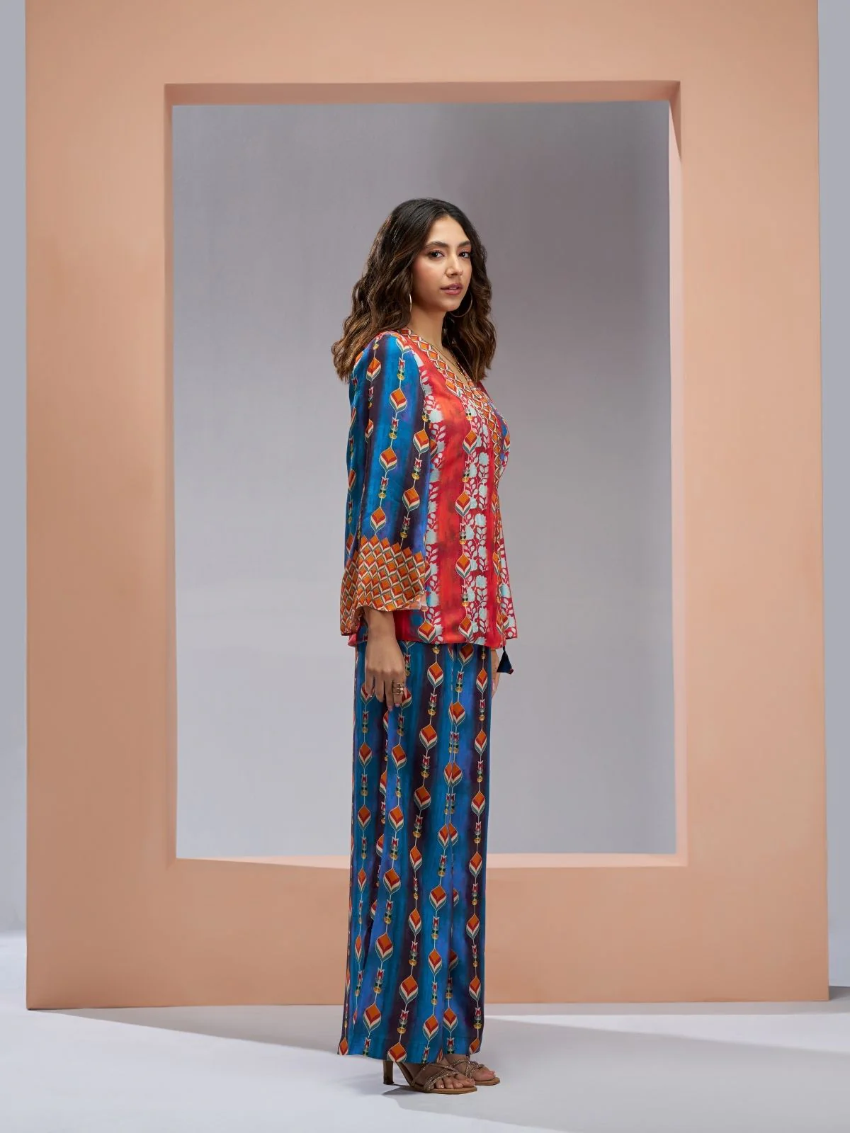 Odette Red And Blue Linen Printed Stitched Co-Ord Set For Women - Image 5