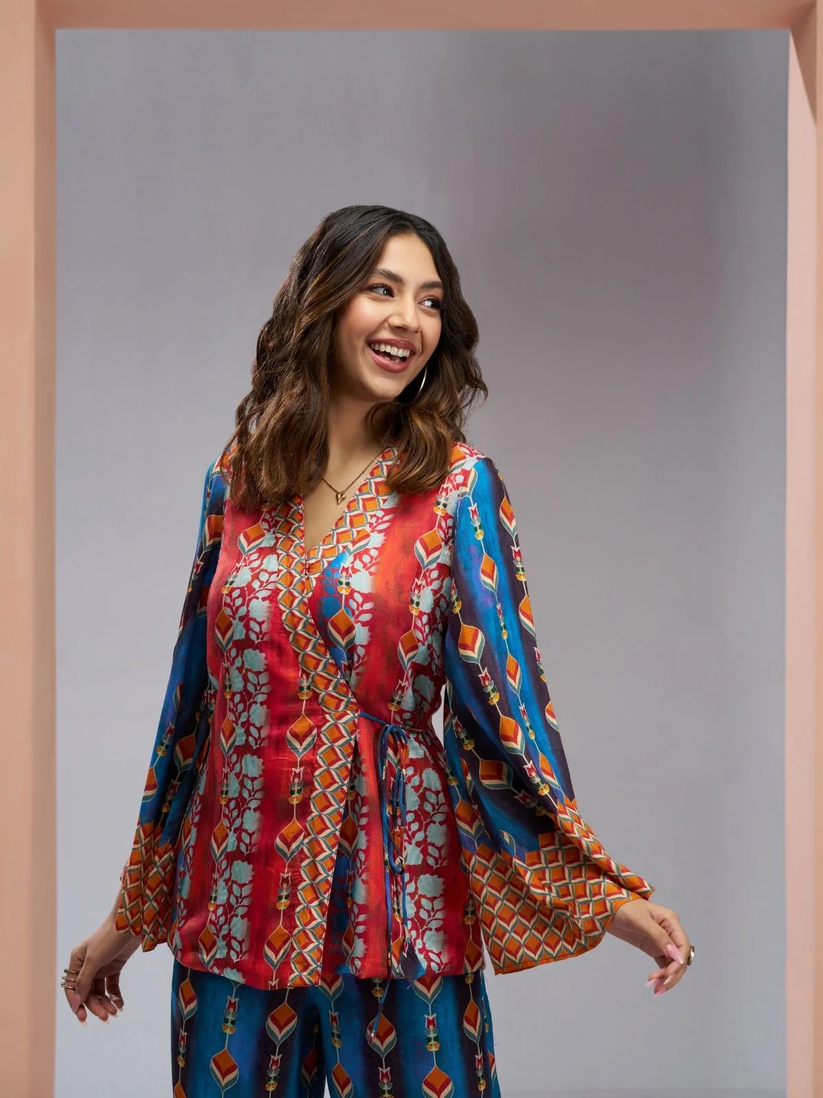 Odette Red And Blue Linen Printed Stitched Co-Ord Set For Women - Image 8