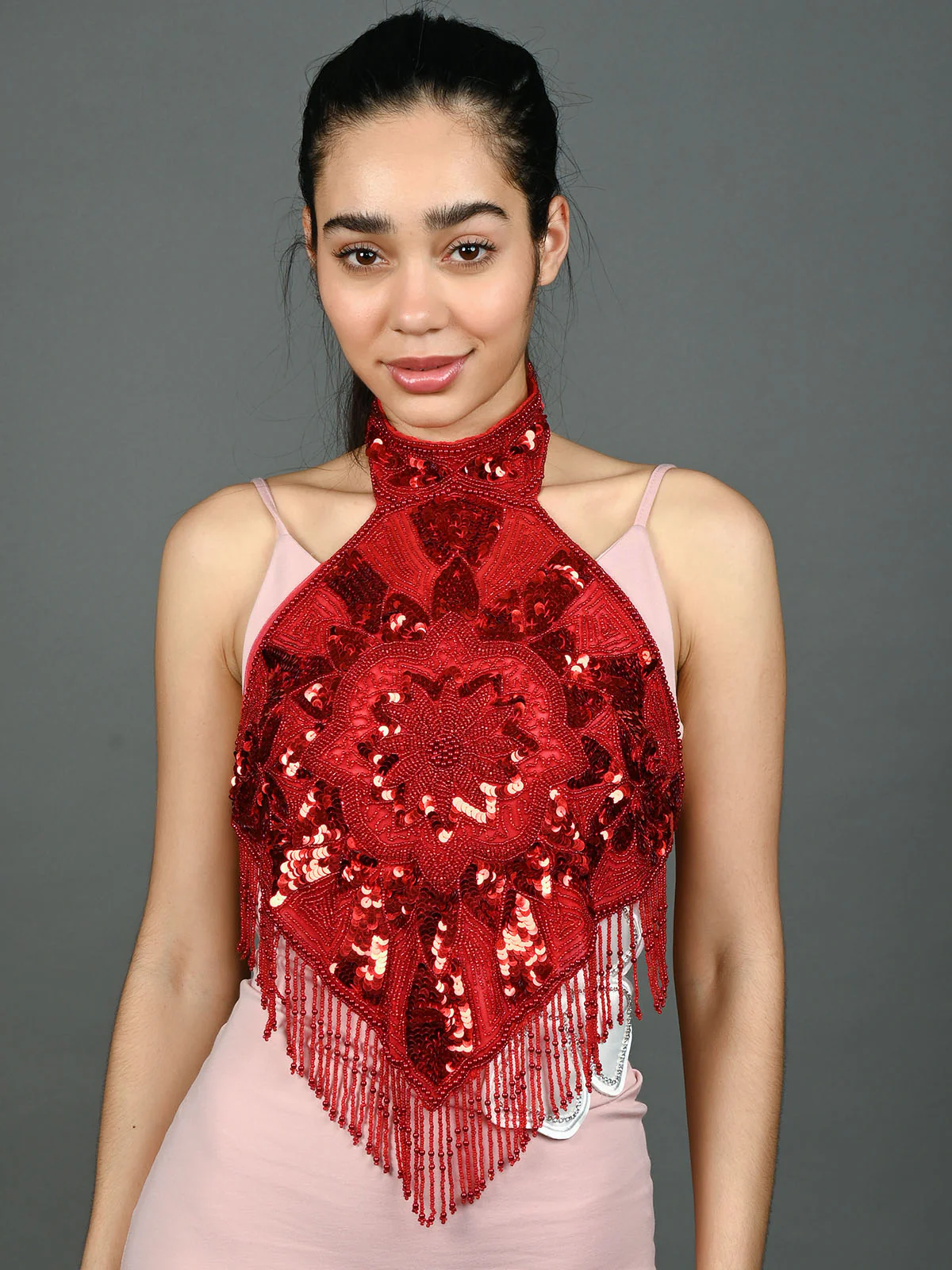 Odette Red Net Embellished Cape For Women