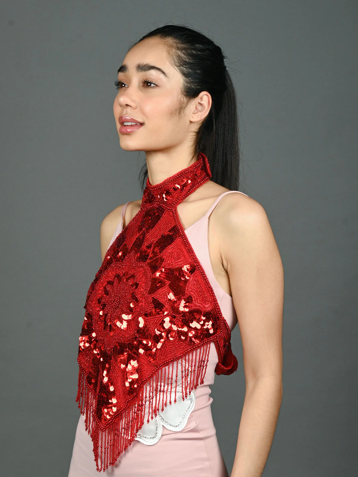Odette Red Net Embellished Cape For Women - Image 2
