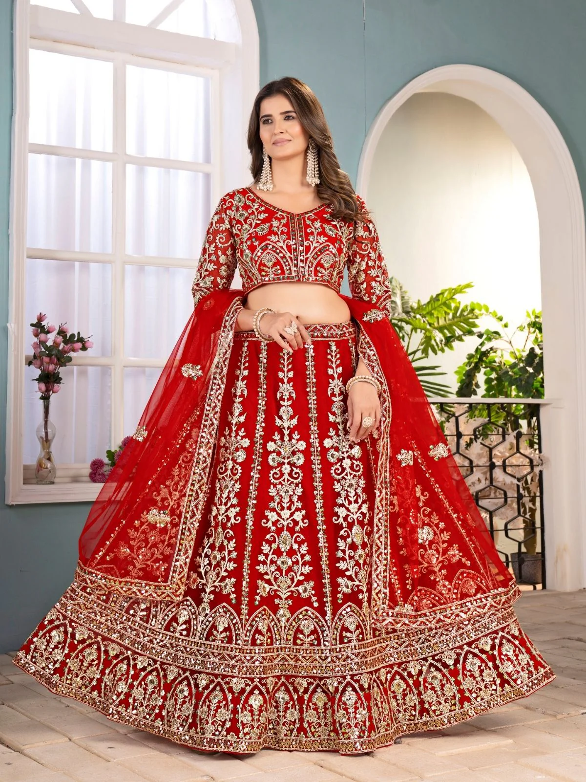 Odette Red Net Embellished Semi Stitched Lehenga For Women