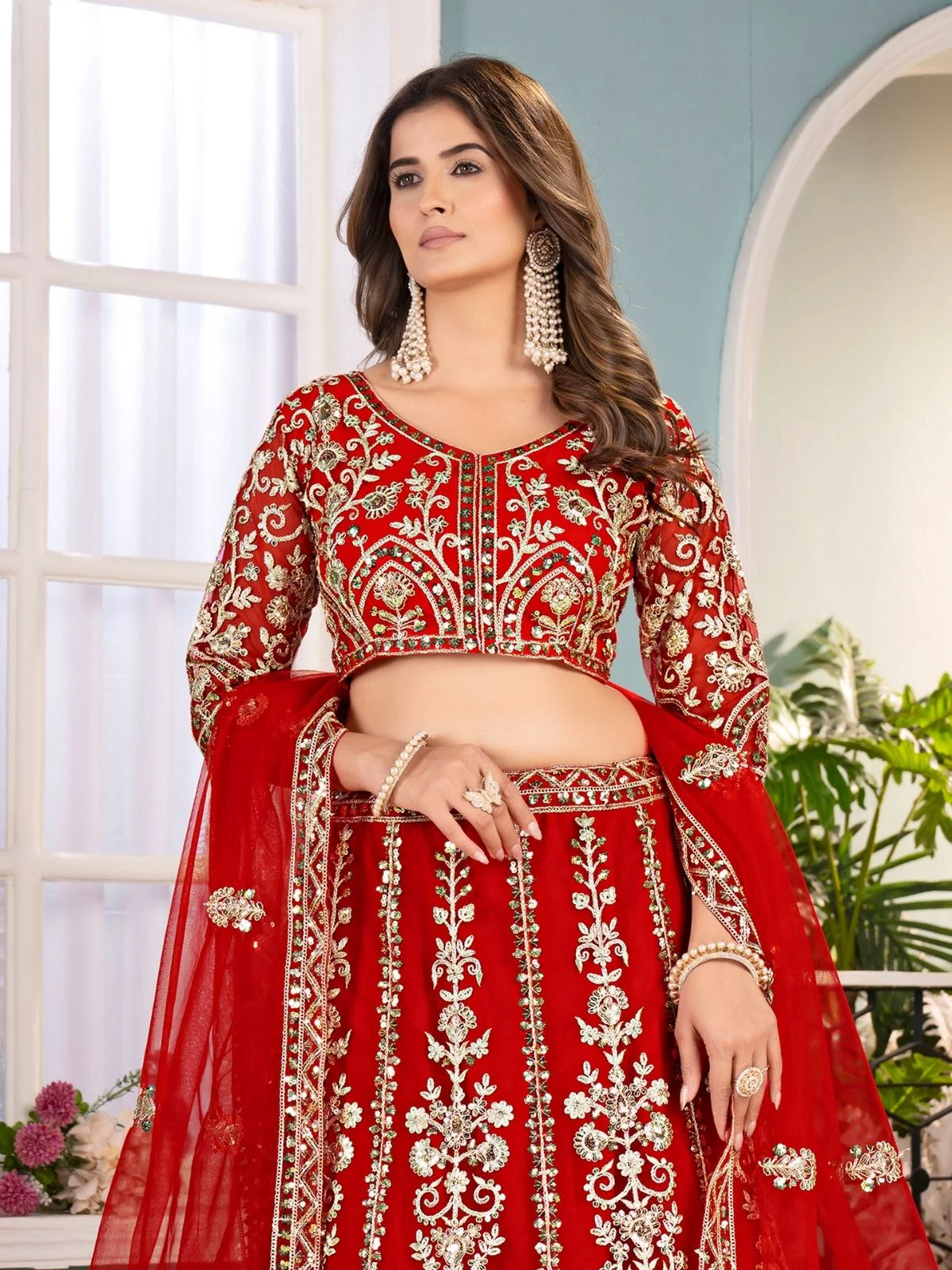 Odette Red Net Embellished Semi Stitched Lehenga For Women - Image 4
