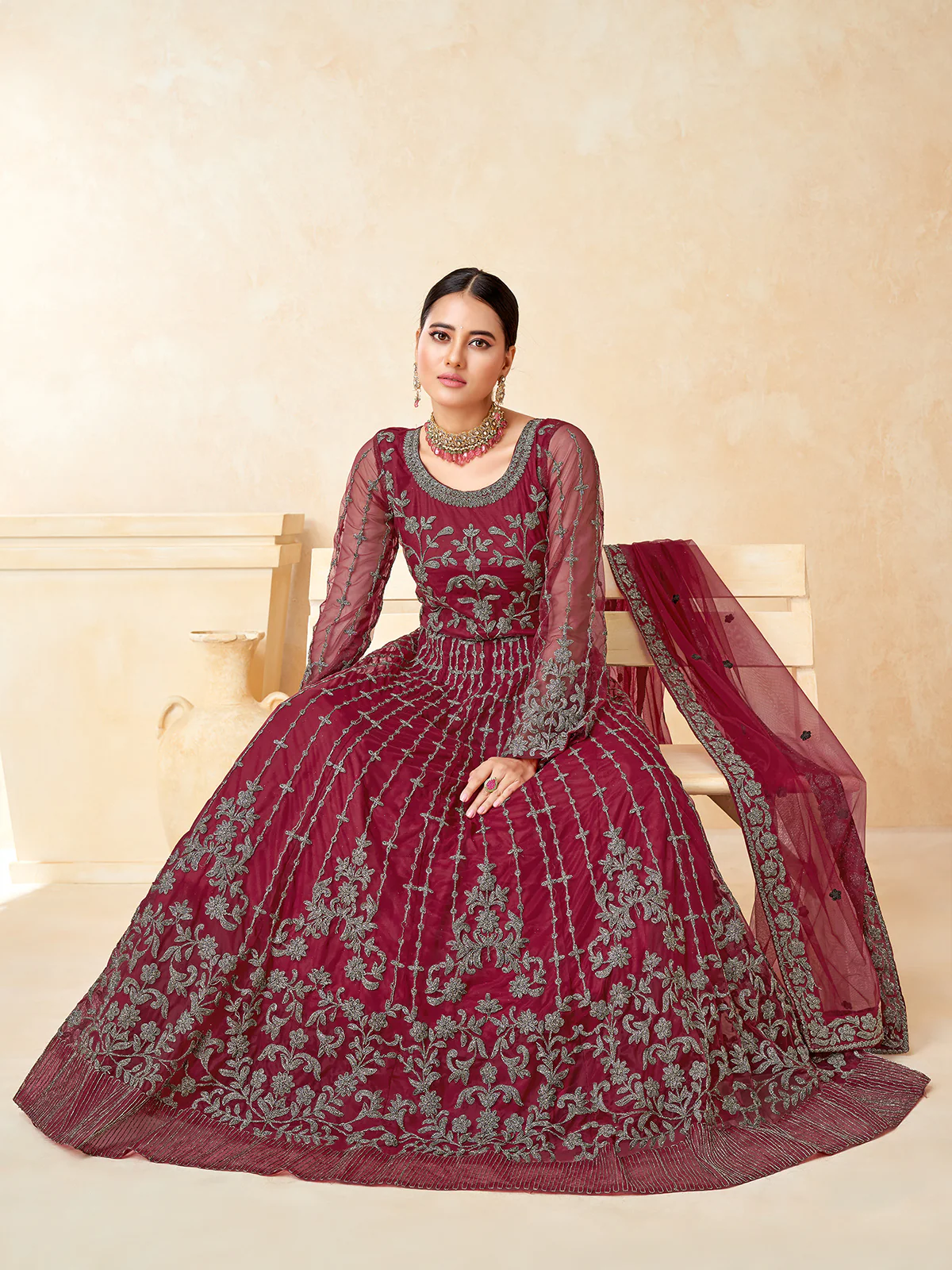 Odette Red Net Embroidered Semi stitched Kurta Set For Women - Image 2