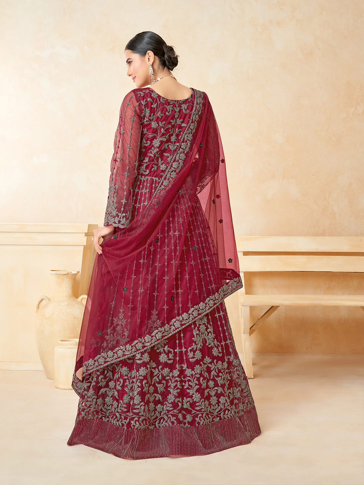Odette Red Net Embroidered Semi stitched Kurta Set For Women - Image 3