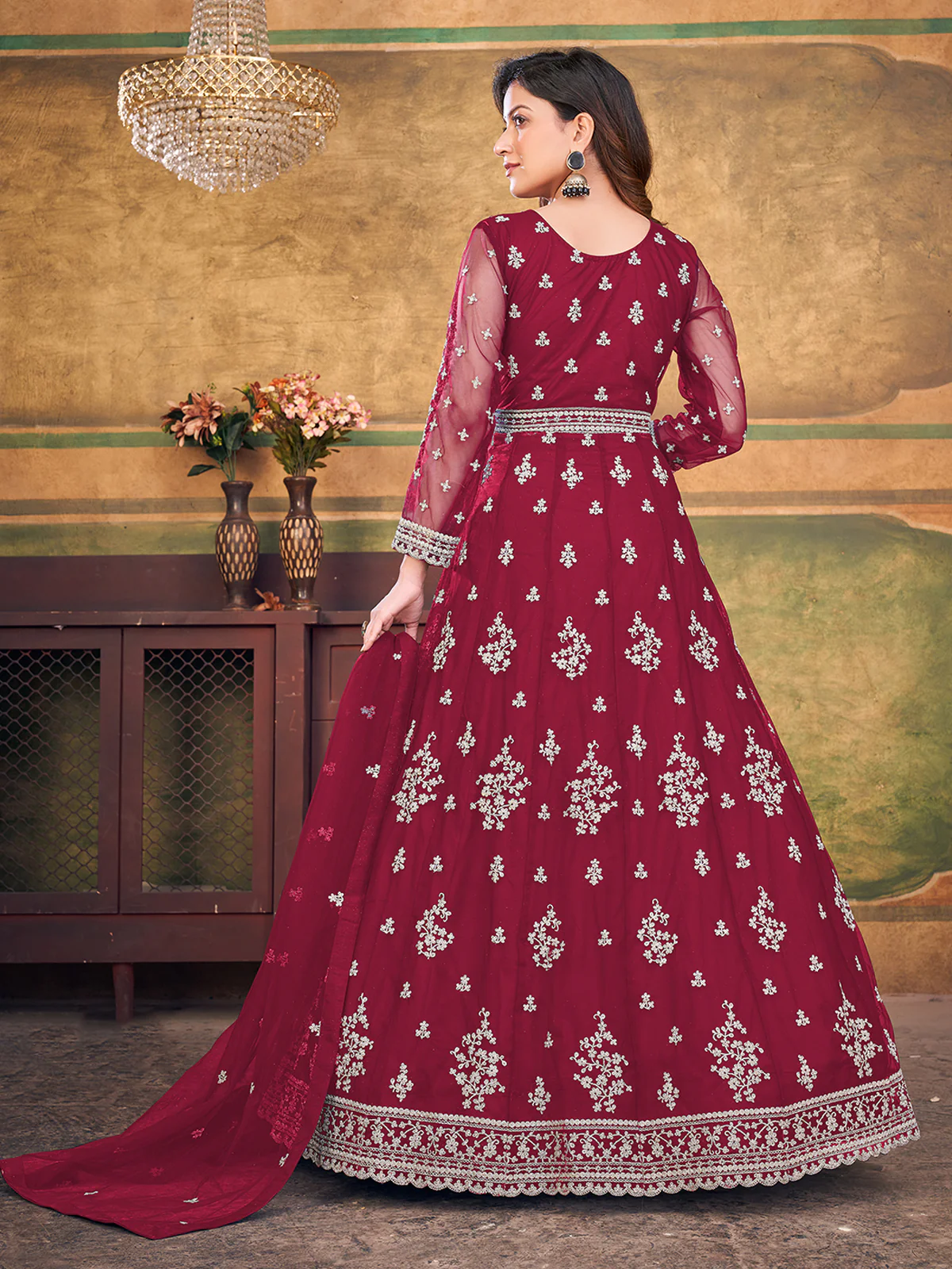 Odette Red Net Embroidered Semi stitched Kurta Set with Inner For Women - Image 3